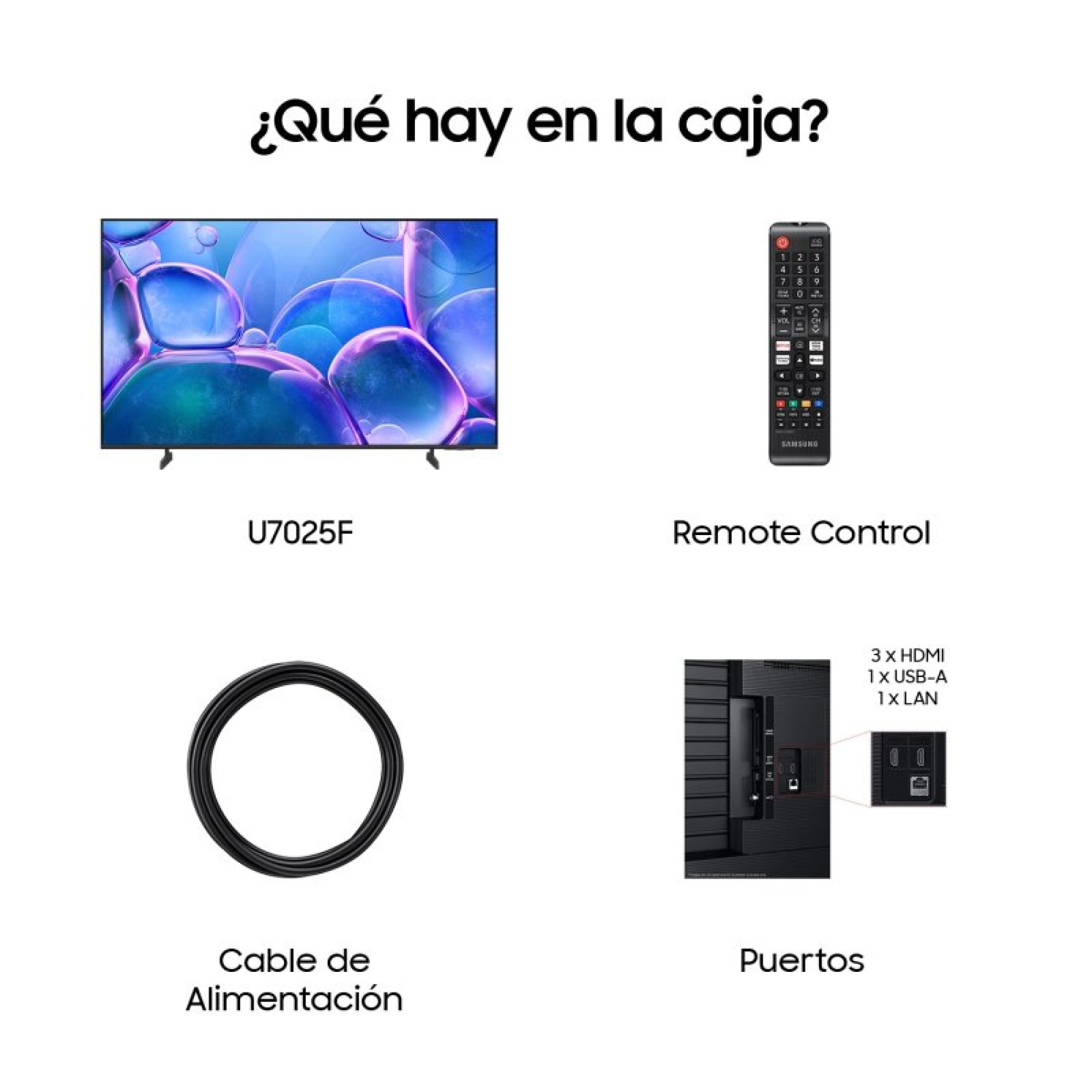 Cosa c'è nella scatola: TV U7025F, telecomando, cavo di alimentazione e porte.