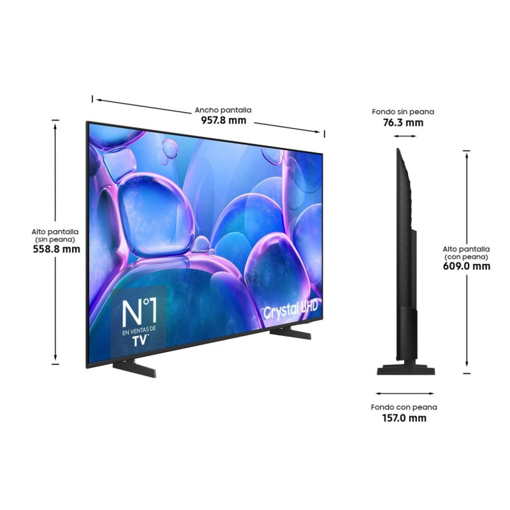Diagramma tecnico che mostra le dimensioni del televisore in millimetri con vista frontale e laterale.