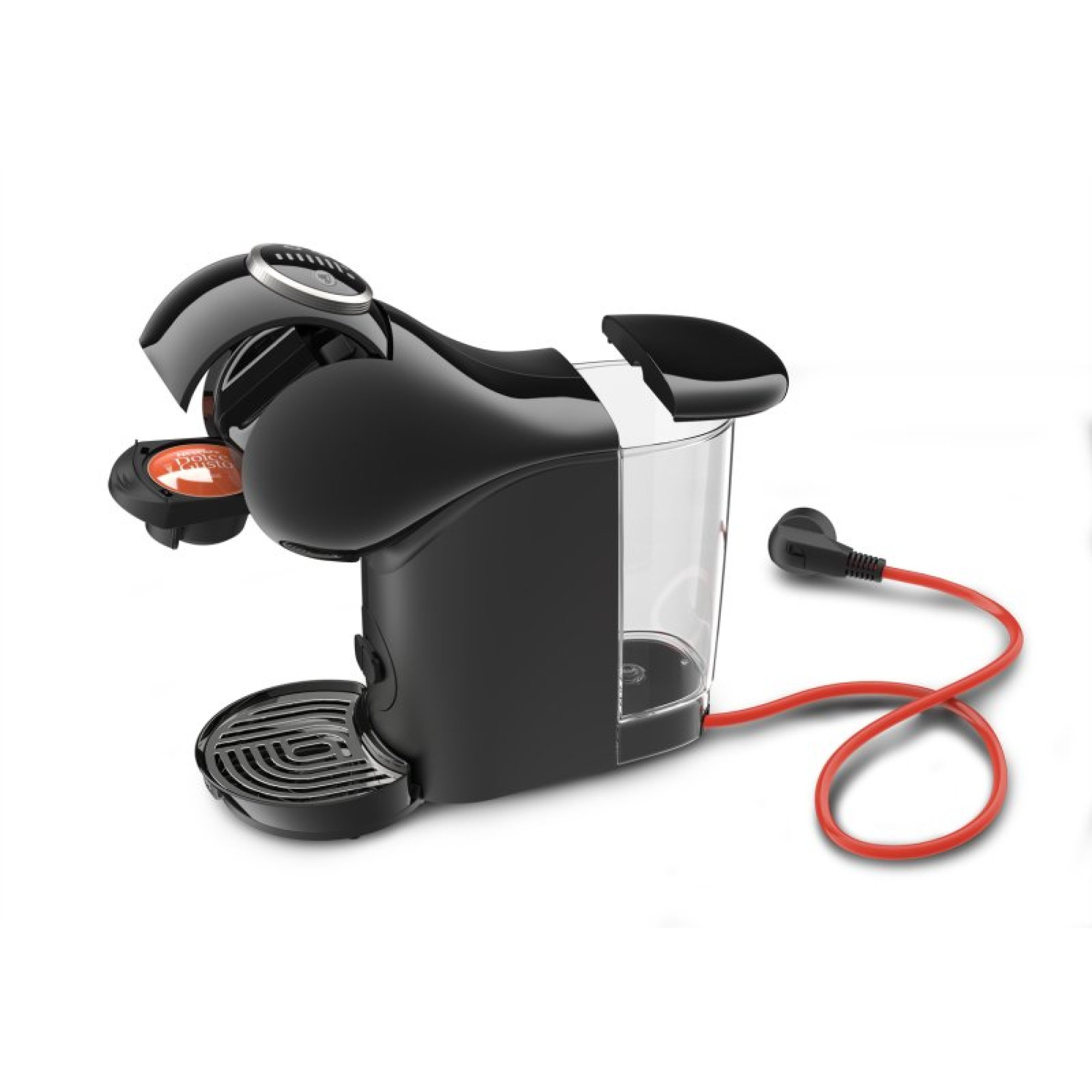 Eine schwarze Kaffeemaschine mit Wassertank, Tropfschale, oranger Kapsel und rotem Netzkabel auf weißem Grund.
