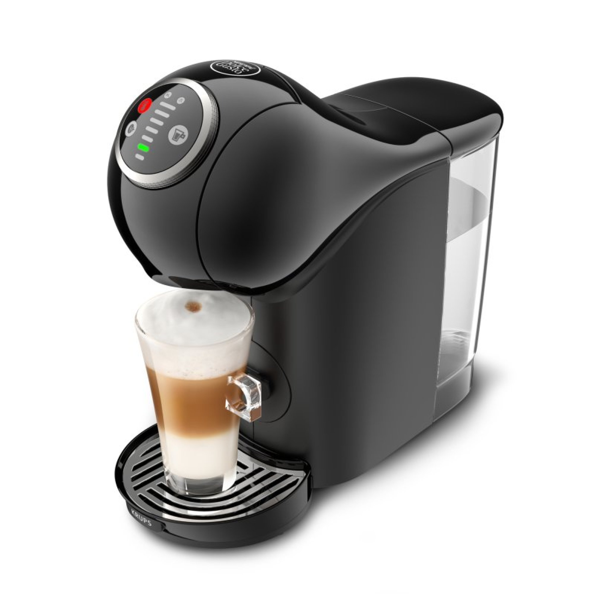Eine schwarze Kaffeemaschine mit einer Glas-Latte-Macchiato-Tasse auf dem Abtropfgitter auf weißem Hintergrund.