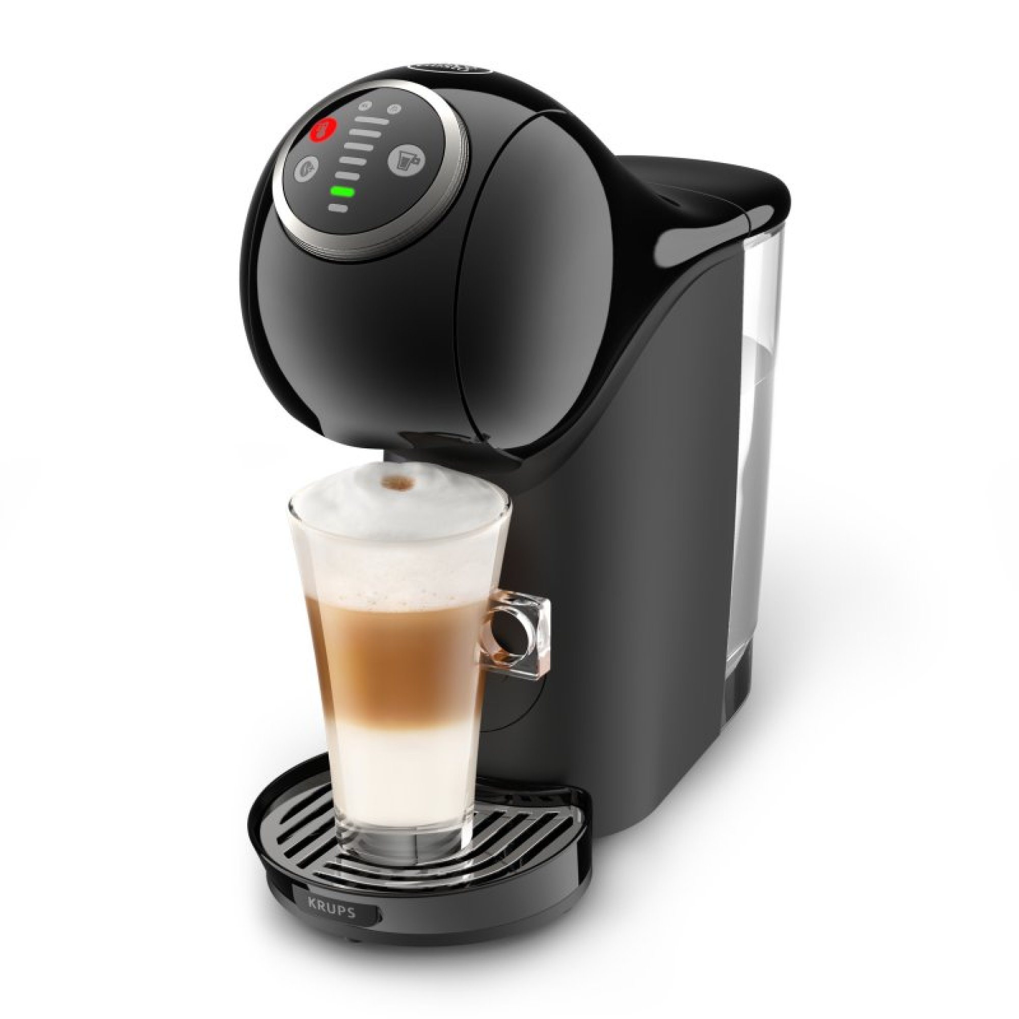 Eine schwarze Kaffeemaschine steht auf einer weißen Oberfläche und füllt ein Glas mit Latte Macchiato.