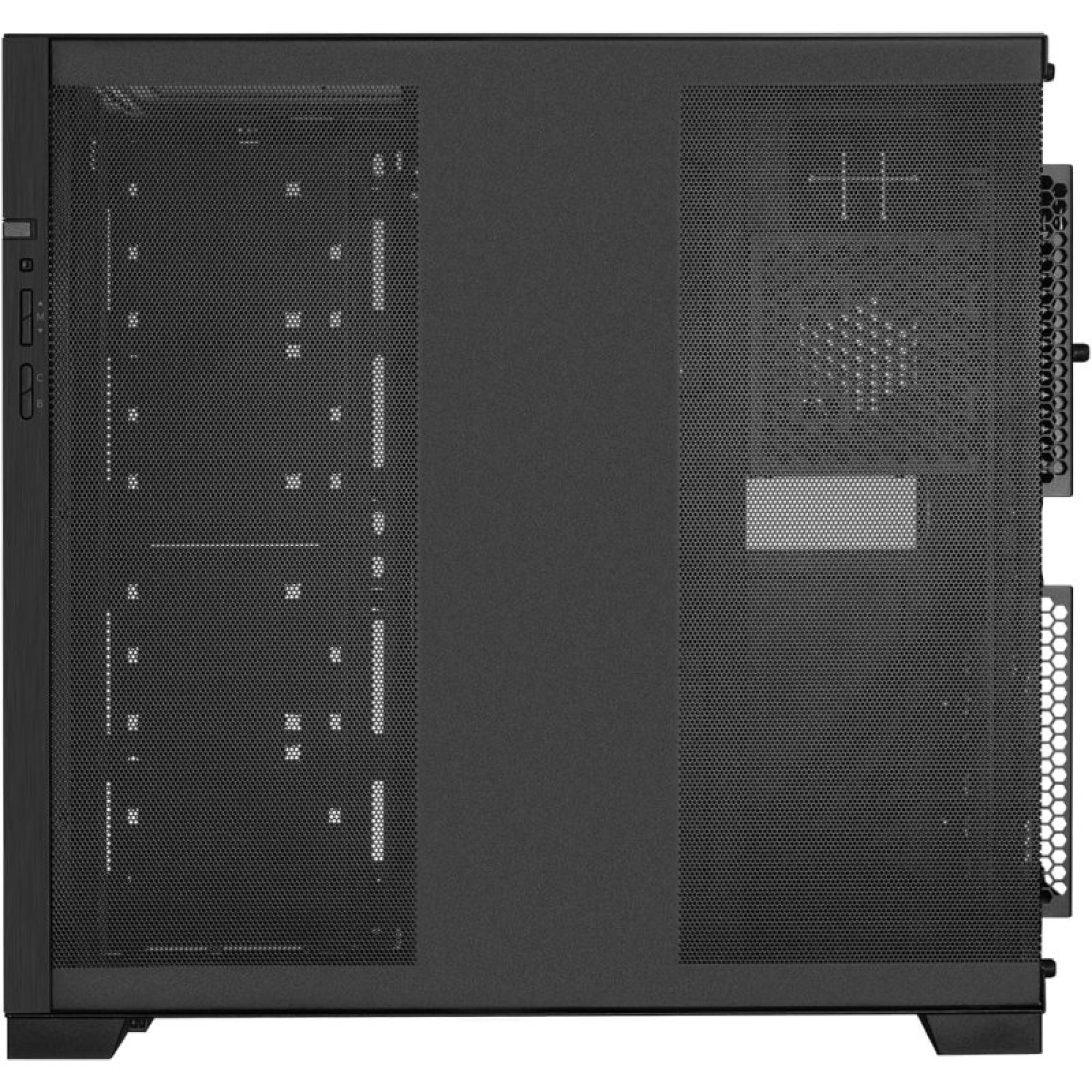 Case per computer nero con pannelli laterali in rete.