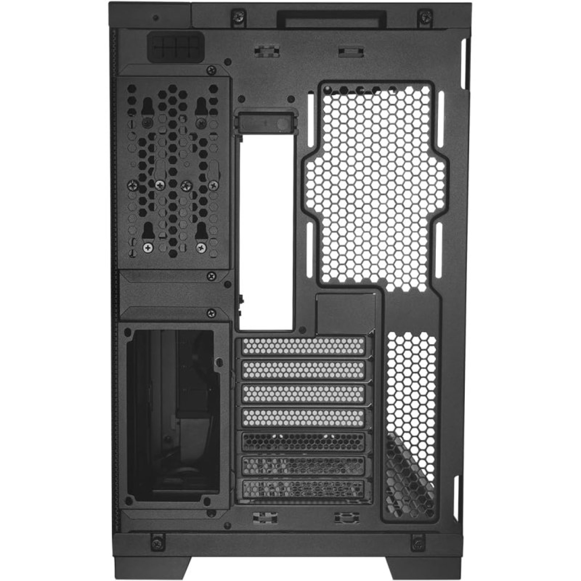 Interno del case del computer nero con griglie di ventilazione e slot.