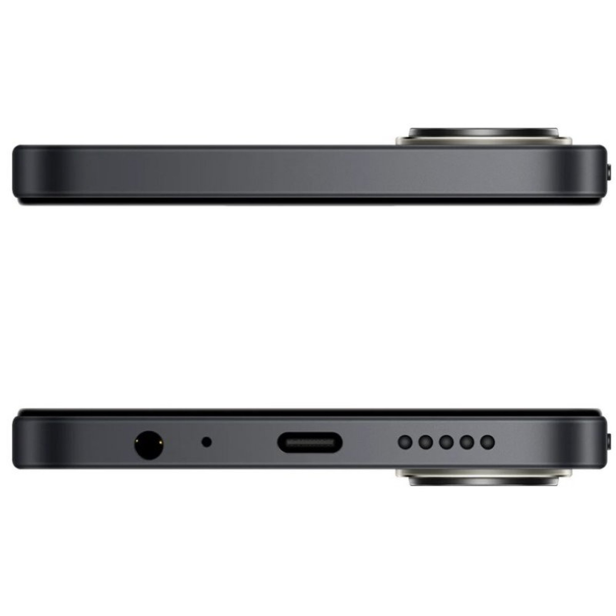 Seiten- und Unteransicht eines schwarzen Smartphones mit Kameraerhebung, Kopfhöreranschluss, USB-C-Anschluss und Lautsprecher.