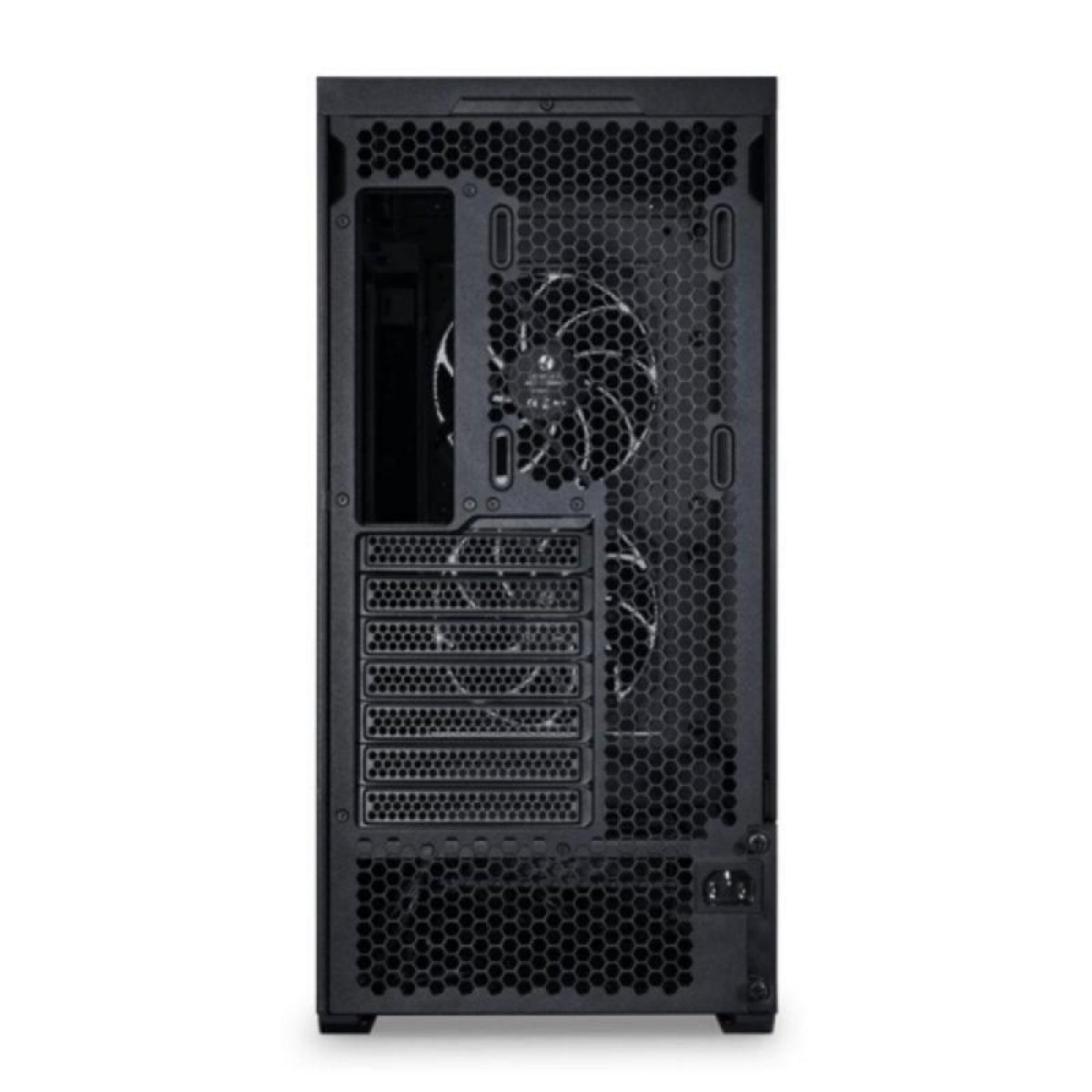 Vista posteriore di un case per computer nero con ventole e slot.