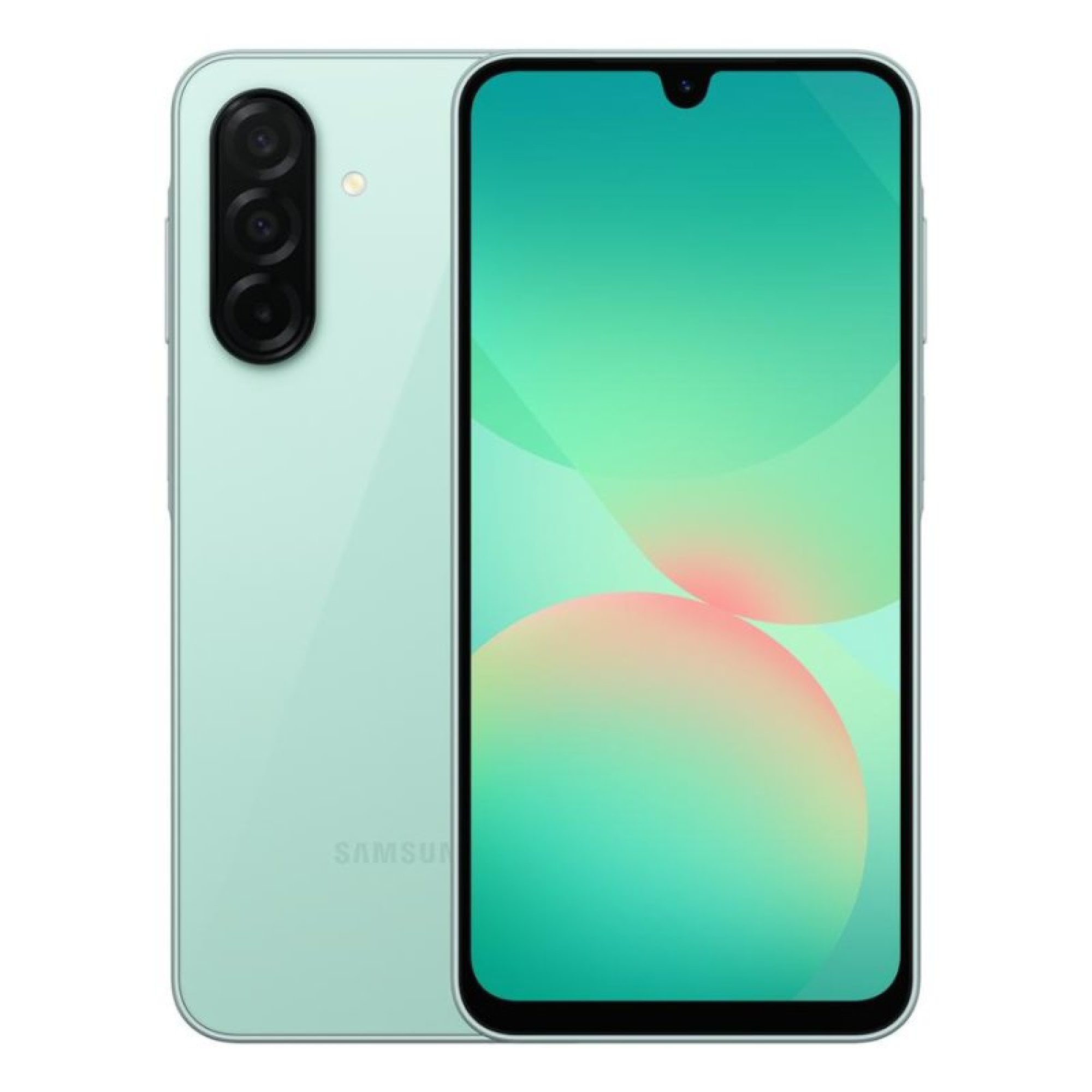 Uno smartphone verde chiaro con tre fotocamere posteriori e uno schermo colorato sul fronte su sfondo bianco.