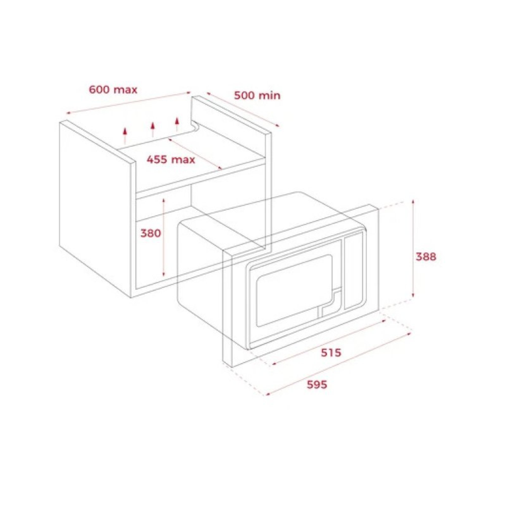 Schema tecnico con le dimensioni di installazione di un forno a microonde a incasso.