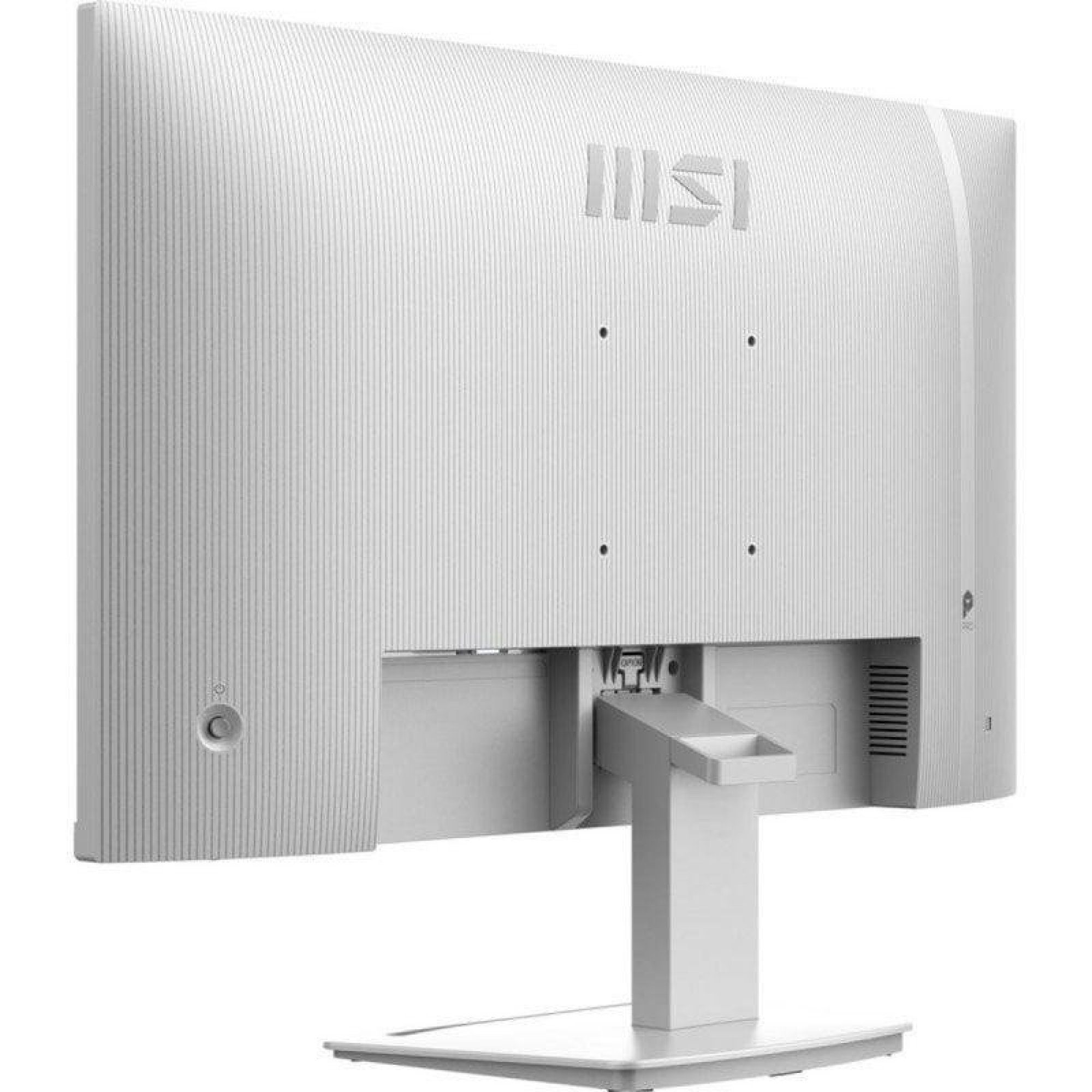 Vista posteriore di un monitor MSI bianco con supporto regolabile e porte visibili.