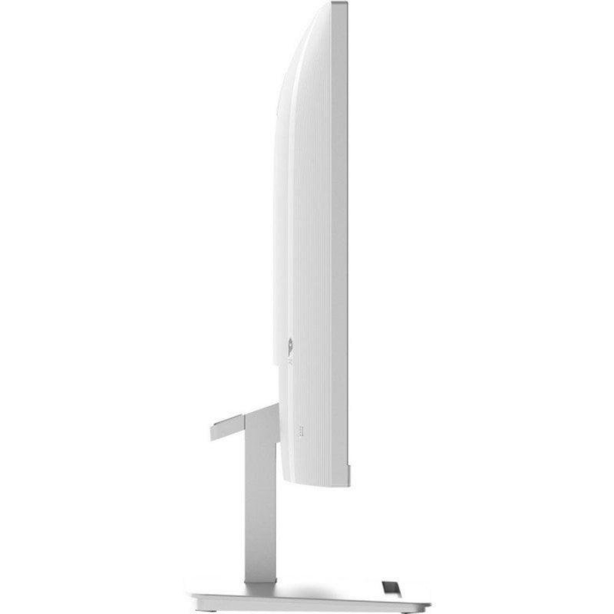 Vista laterale di un monitor per computer bianco sottile con supporto argento su sfondo bianco.