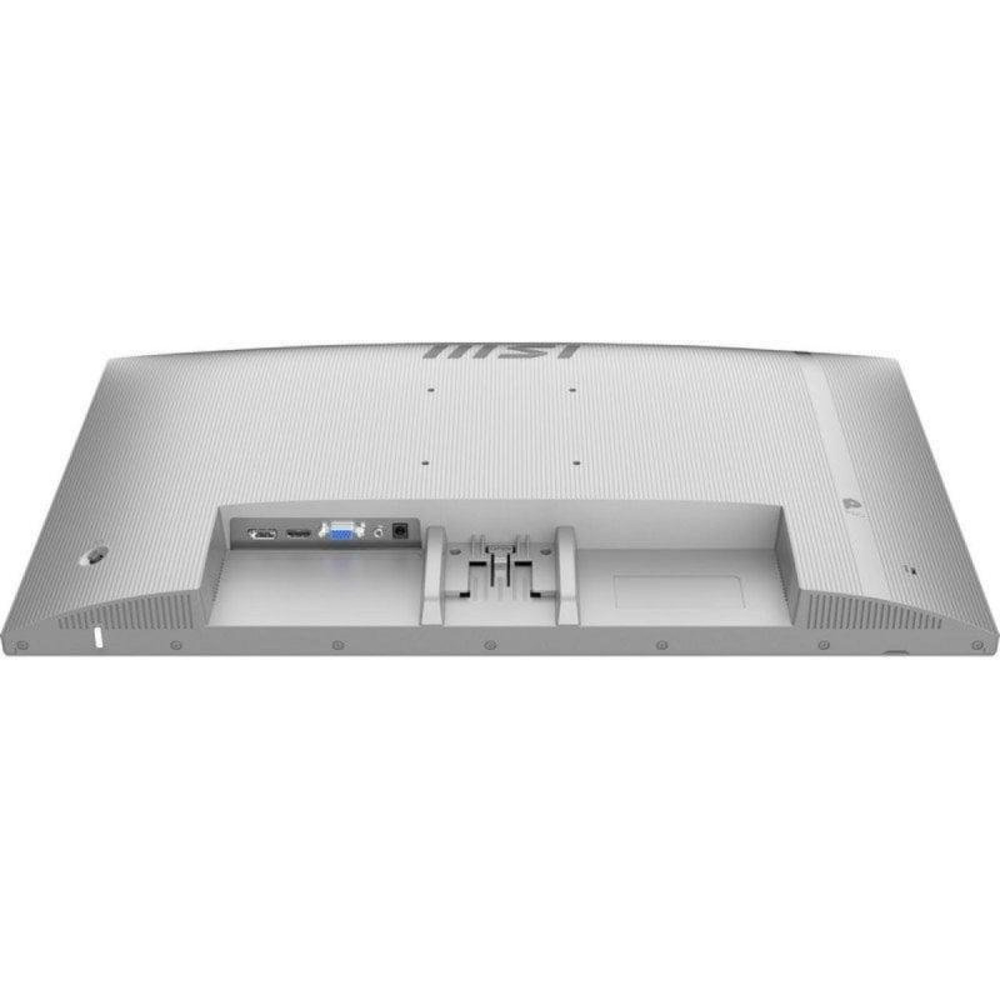 Vista posteriore di un monitor per computer MSI argento che mostra porte, supporto e logo MSI in alto.