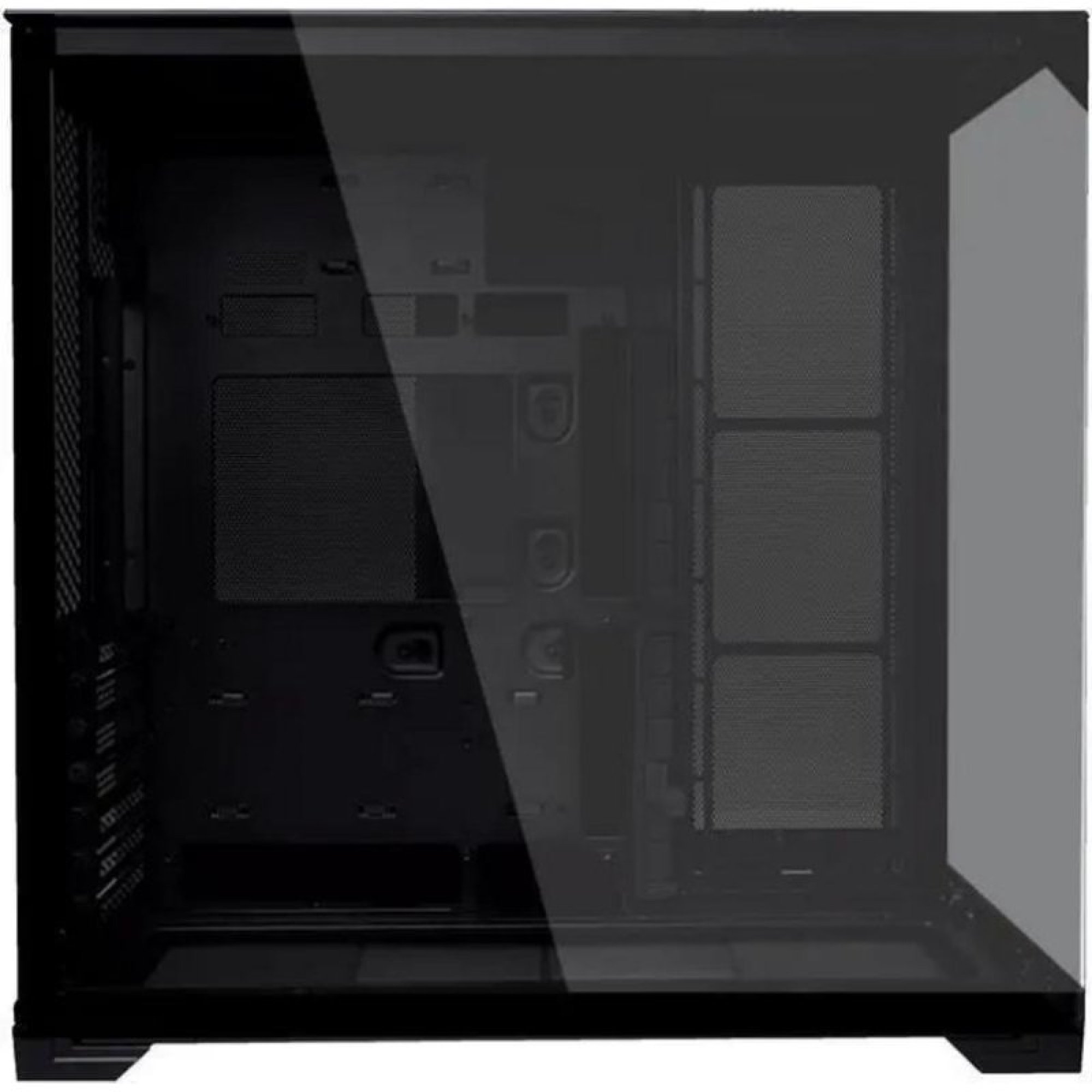 Un case per PC nero con pannello laterale in vetro rivela l'interno vuoto e le griglie.