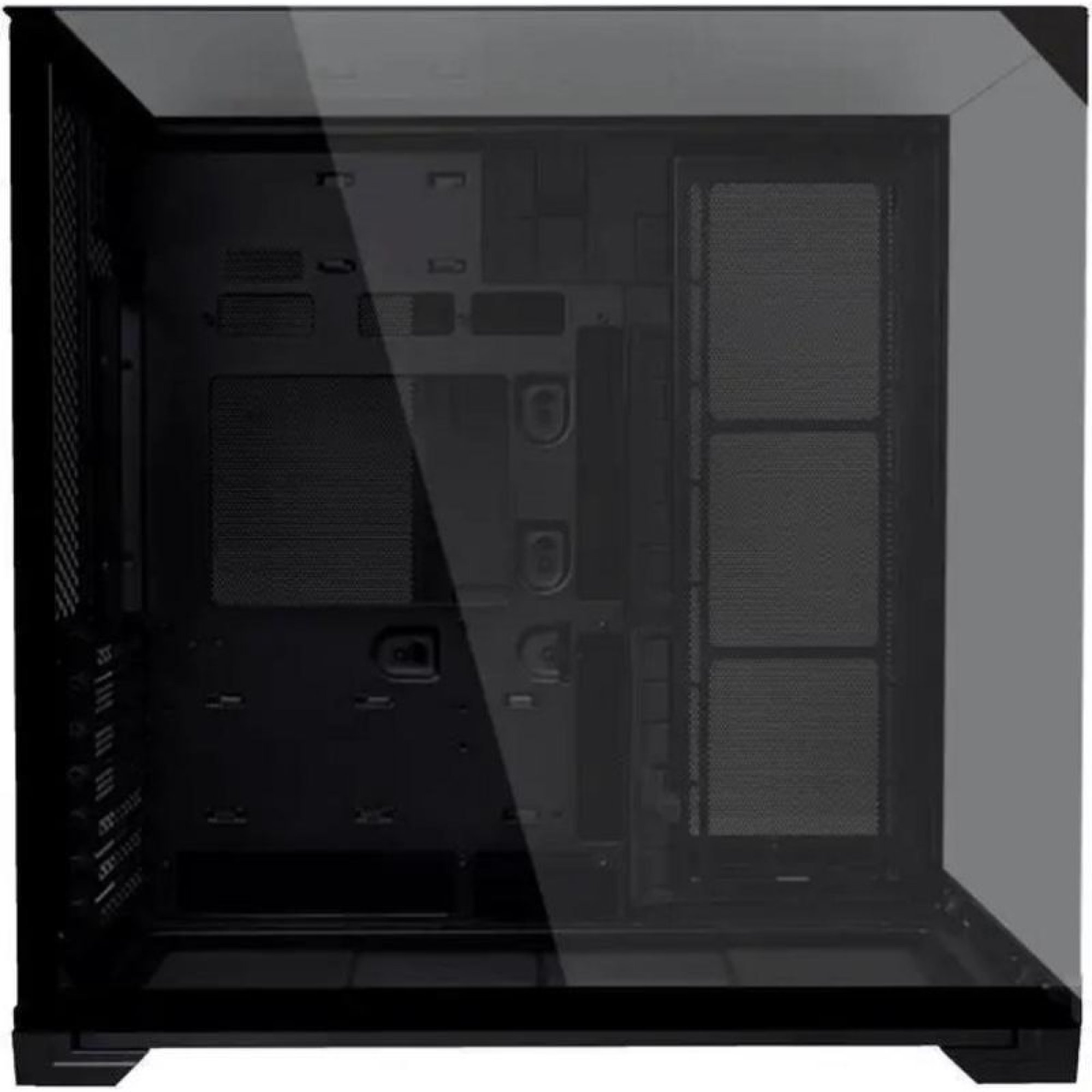 Un case per PC nero vuoto con lati in vetro e griglie di ventilazione.