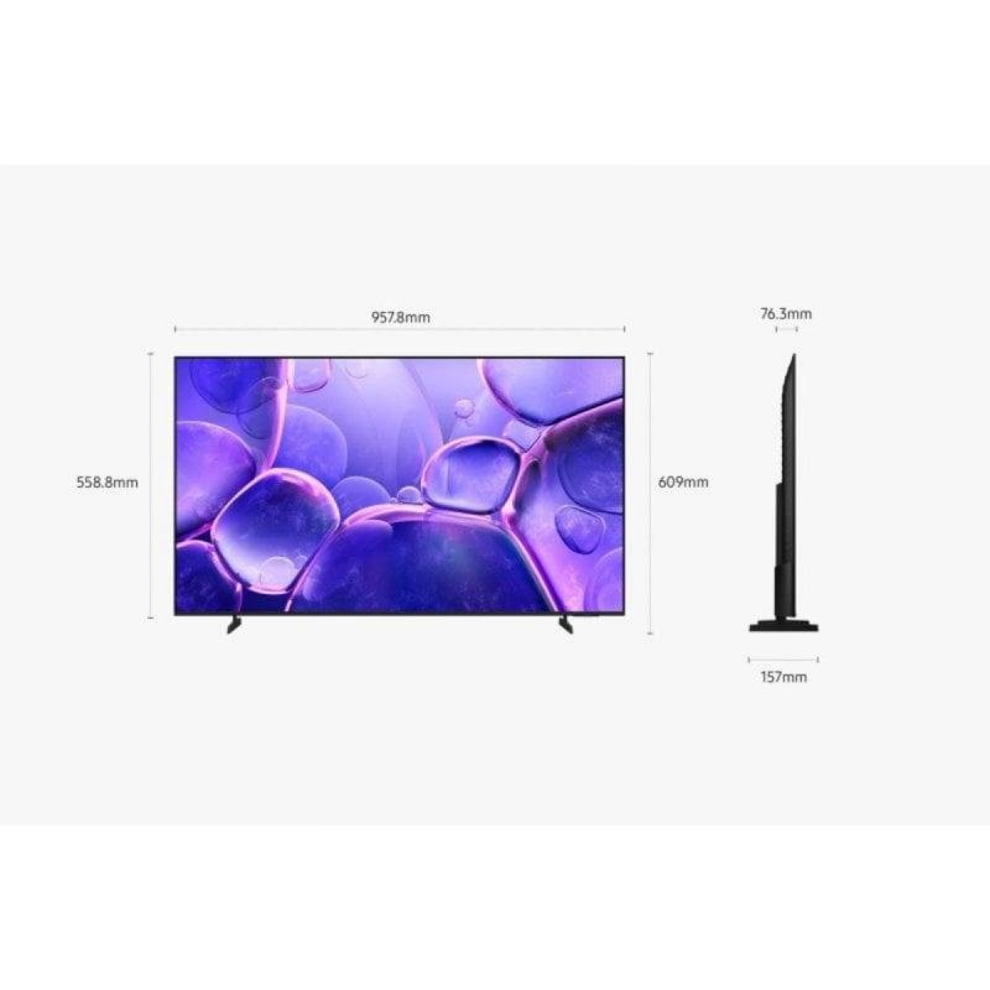 Disegno tecnico di un televisore a schermo piatto con dimensioni in millimetri su sfondo bianco.