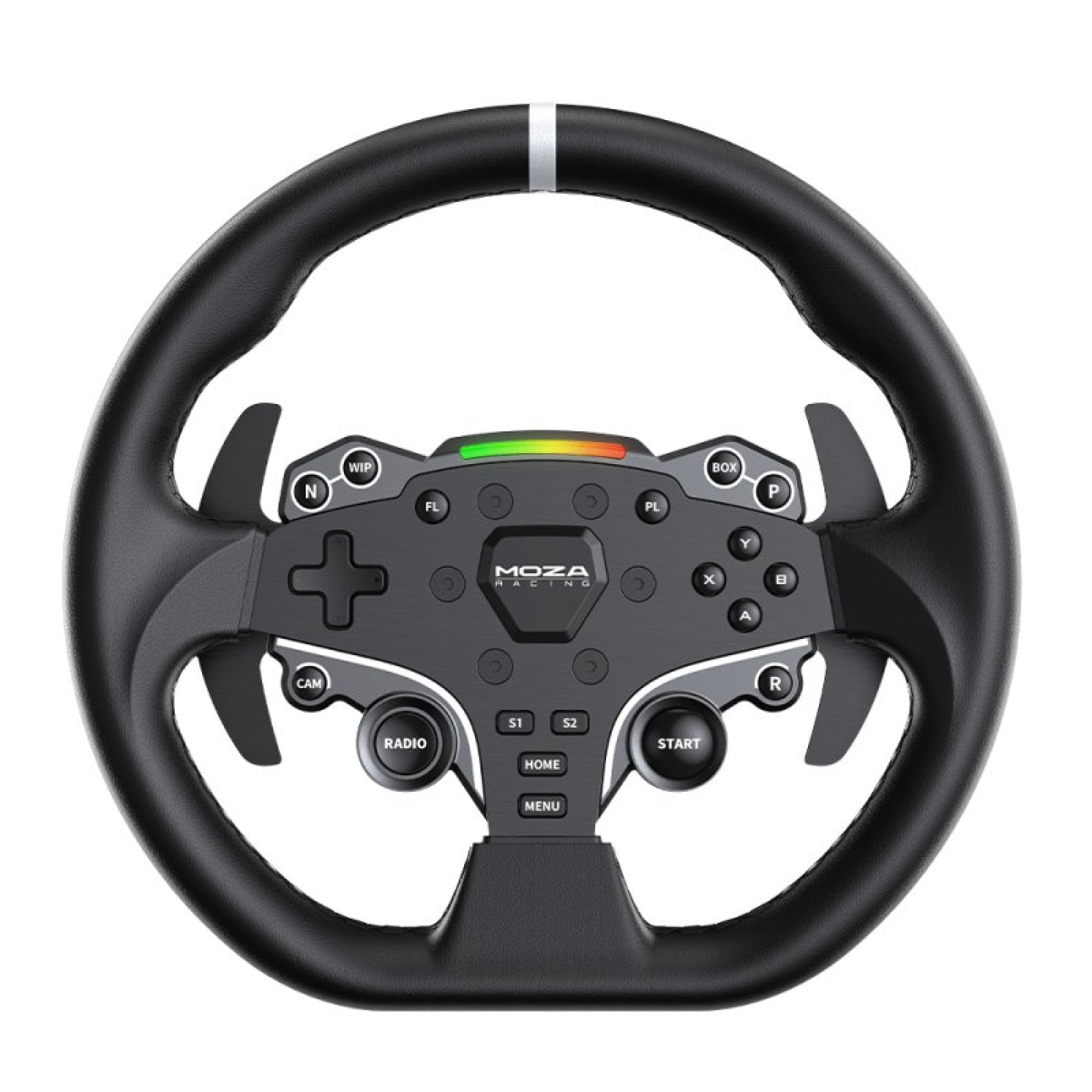 Un volante nero Moza Racing con numerosi pulsanti, paddle del cambio e indicatore LED su sfondo bianco.