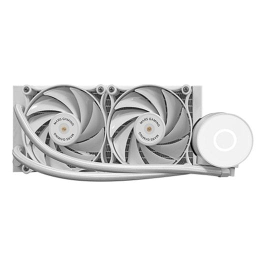 Ein weißer PC-Wasserkühler mit zwei Lüftern und Schläuchen auf weißem Hintergrund.
