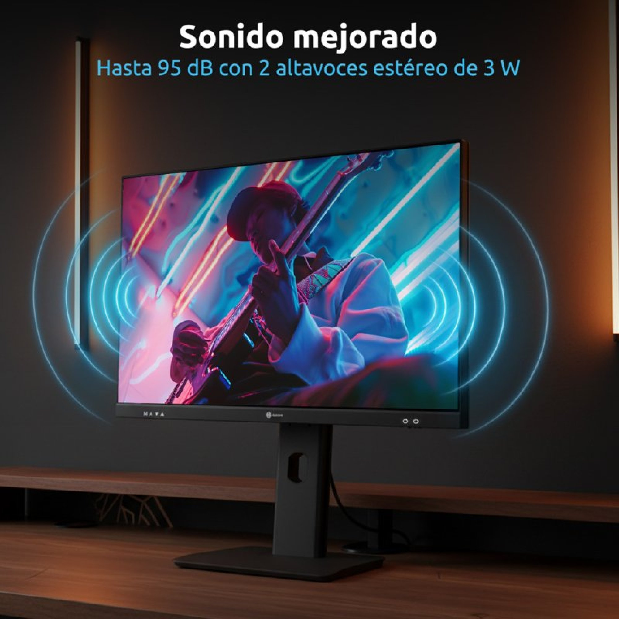 Monitor che mostra un chitarrista con onde sonore blu, su una scrivania di legno.
