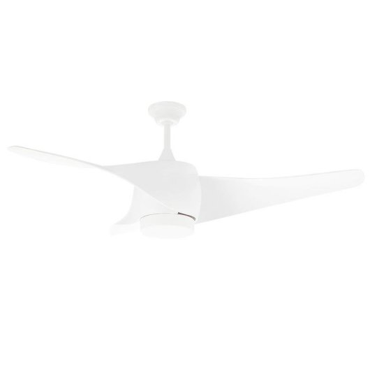 Moderno ventilatore da soffitto bianco con tre pale curve e illuminazione integrata su sfondo bianco.