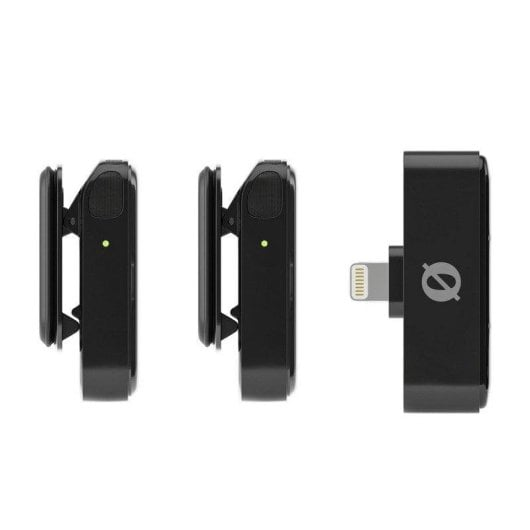 Drei schwarze kabellose Audiogeräte, zwei davon mit Klemmen und grüner LED, eines mit integriertem Lightning-Anschluss.