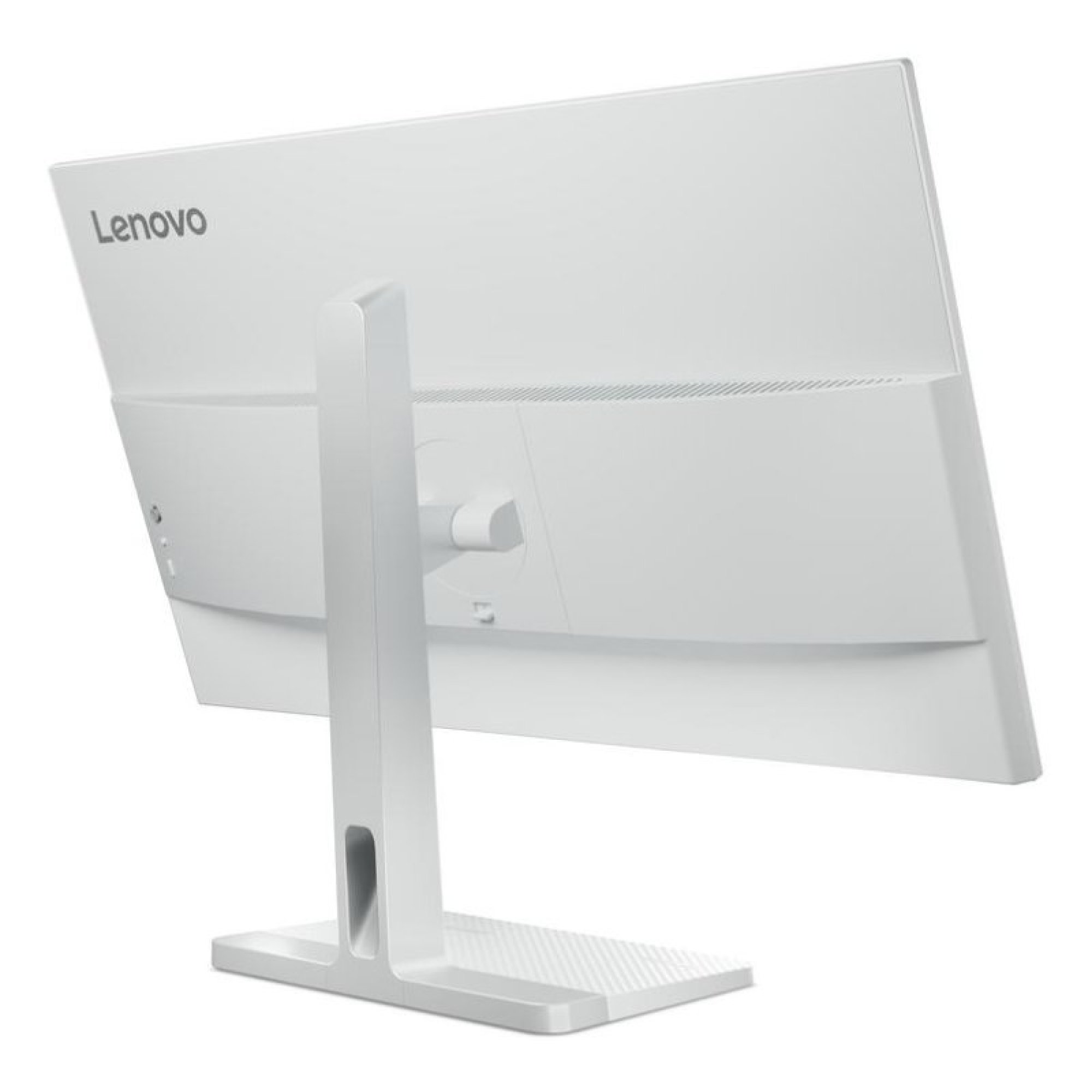 Il retro di un monitor Lenovo bianco con supporto su sfondo bianco.