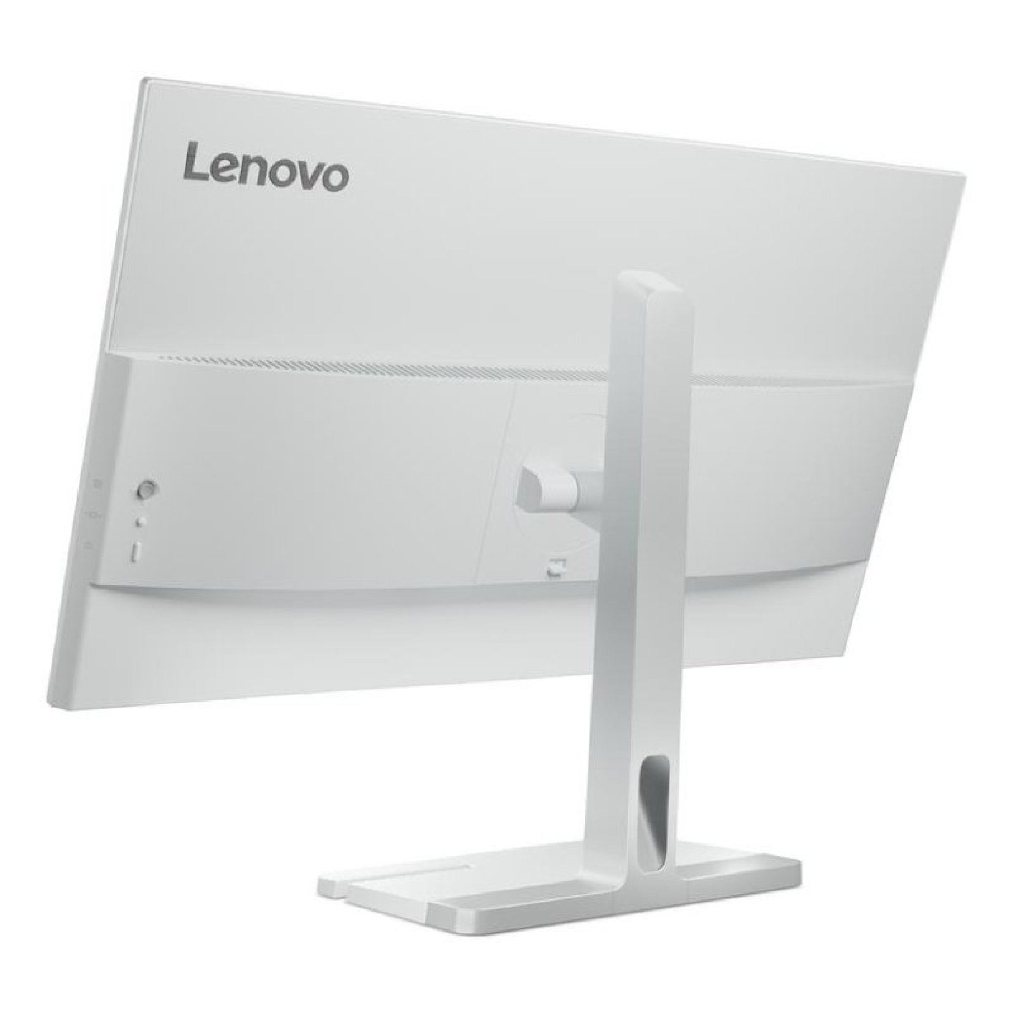 Il retro di un monitor Lenovo bianco con supporto su sfondo bianco.
