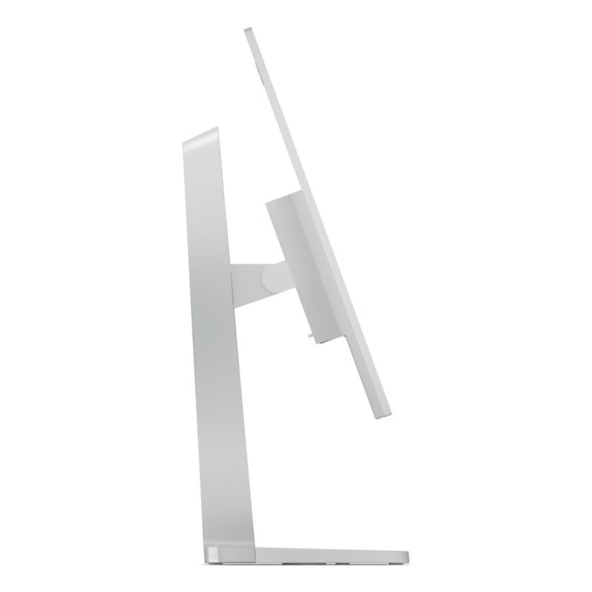 Vista laterale di un computer bianco all-in-one su supporto, su sfondo bianco.