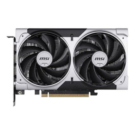 Une carte graphique MSI noire et argentée avec deux grands ventilateurs sur fond blanc.