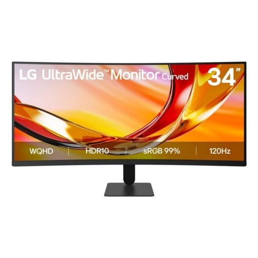 Un monitor curvo LG Ultrawide da 34 pollici mostra uno sfondo astratto rosso e giallo su sfondo bianco.