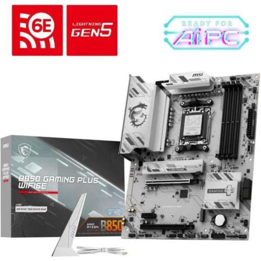 Carte mère MSI B850 Gaming Plus WiFi 6E avec boîte, antenne et accents gaming blancs.
