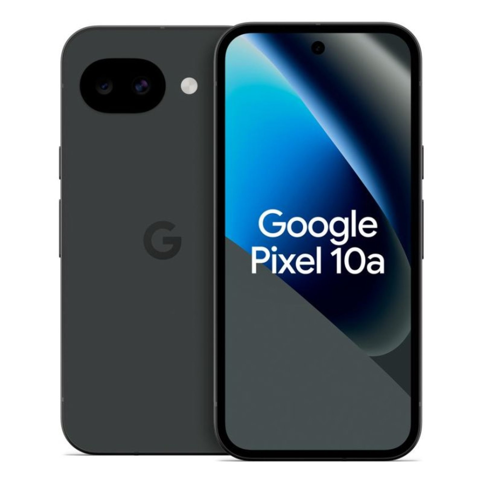 Deux smartphones noirs Google Pixel 10a affichent l'avant et l'arrière, avec le logo Google et double caméra.