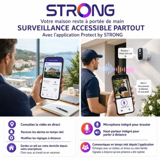 Pubblicità della telecamera di sicurezza STRONG con app per monitoraggio live e comunicazione bidirezionale.
