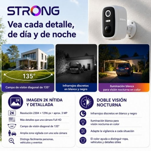 Immagine promozionale di una telecamera di sicurezza Strong che evidenzia risoluzione 2K e visione notturna.