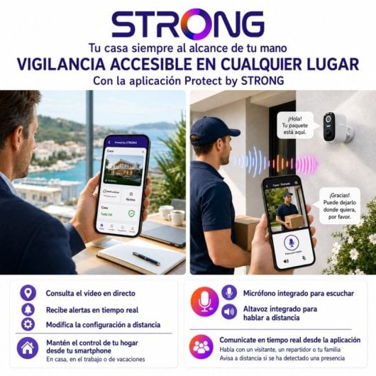 Pubblicità di telecamere di sicurezza Strong con app per smartphone, monitoraggio live e audio.