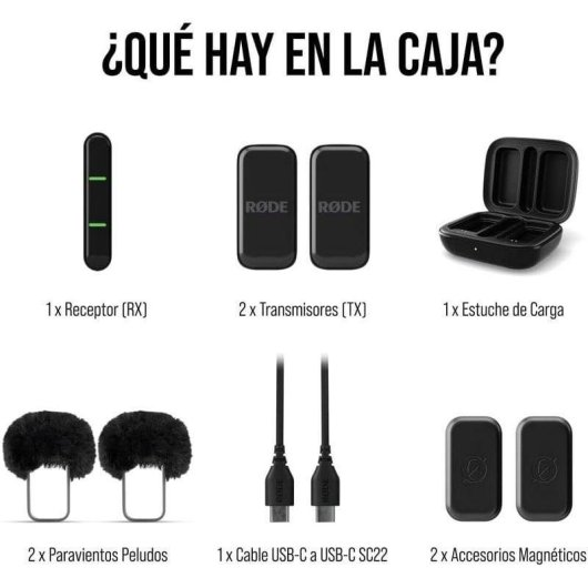 Cosa c'è nella scatola: 1 ricevitore, 2 trasmettitori, 1 custodia di ricarica, 2 antivento pelosi, 1 cavo USB-C e 2 magneti.