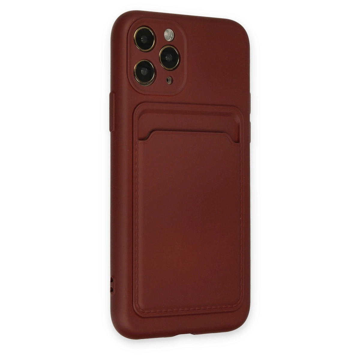 Arkada entegre kart yuvası ve üç kamera için kesik bulunan kırmızı telefon kılıfı.
