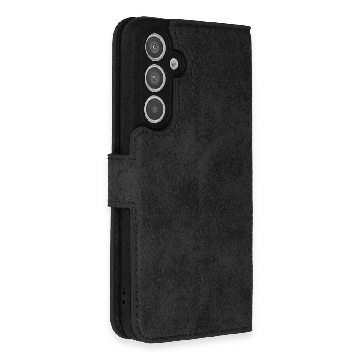Arkada üç kamera yuvası bulunan siyah deri telefon kılıfı.