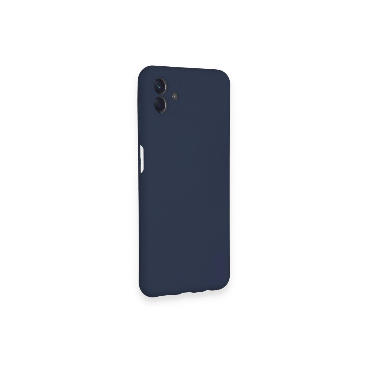 Arka tarafında iki kamera lensi ve flaş bulunan koyu mavi akıllı telefon kılıfı, beyaz arka plan üzerinde.