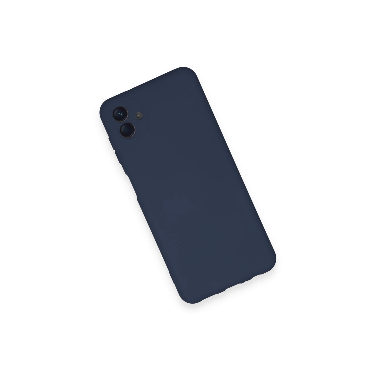 Kılıflı koyu mavi bir akıllı telefon beyaz arka planda çapraz duruyor.