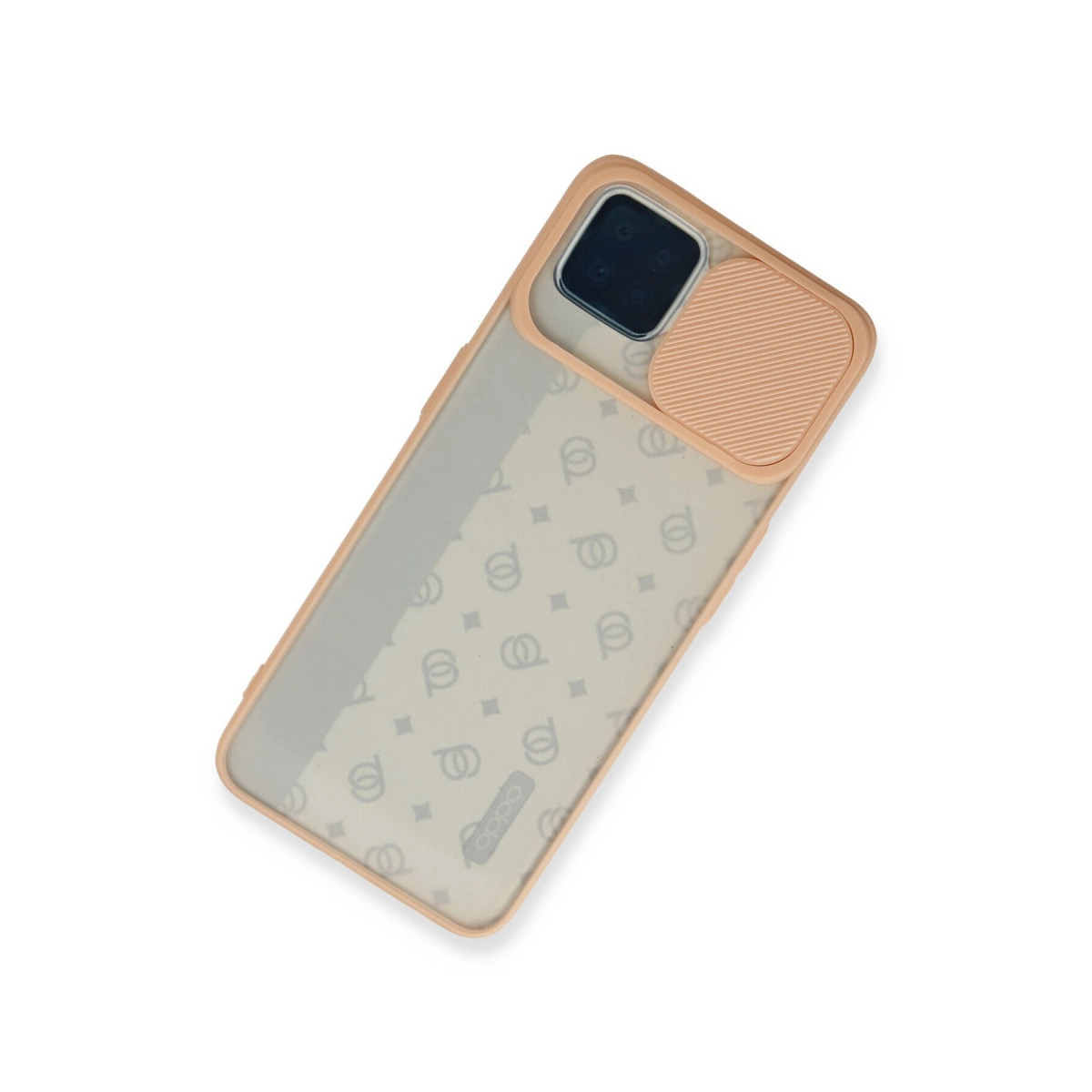 Kayan kamera kapaklı ve arkasında tekrarlayan logo deseni olan bej renkli akıllı telefon kılıfı.