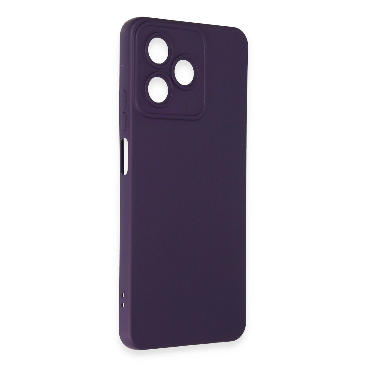Açık renkli bir arka plan üzerinde entegre kamera koruma modülüne sahip koyu mor akıllı telefon kılıfı.