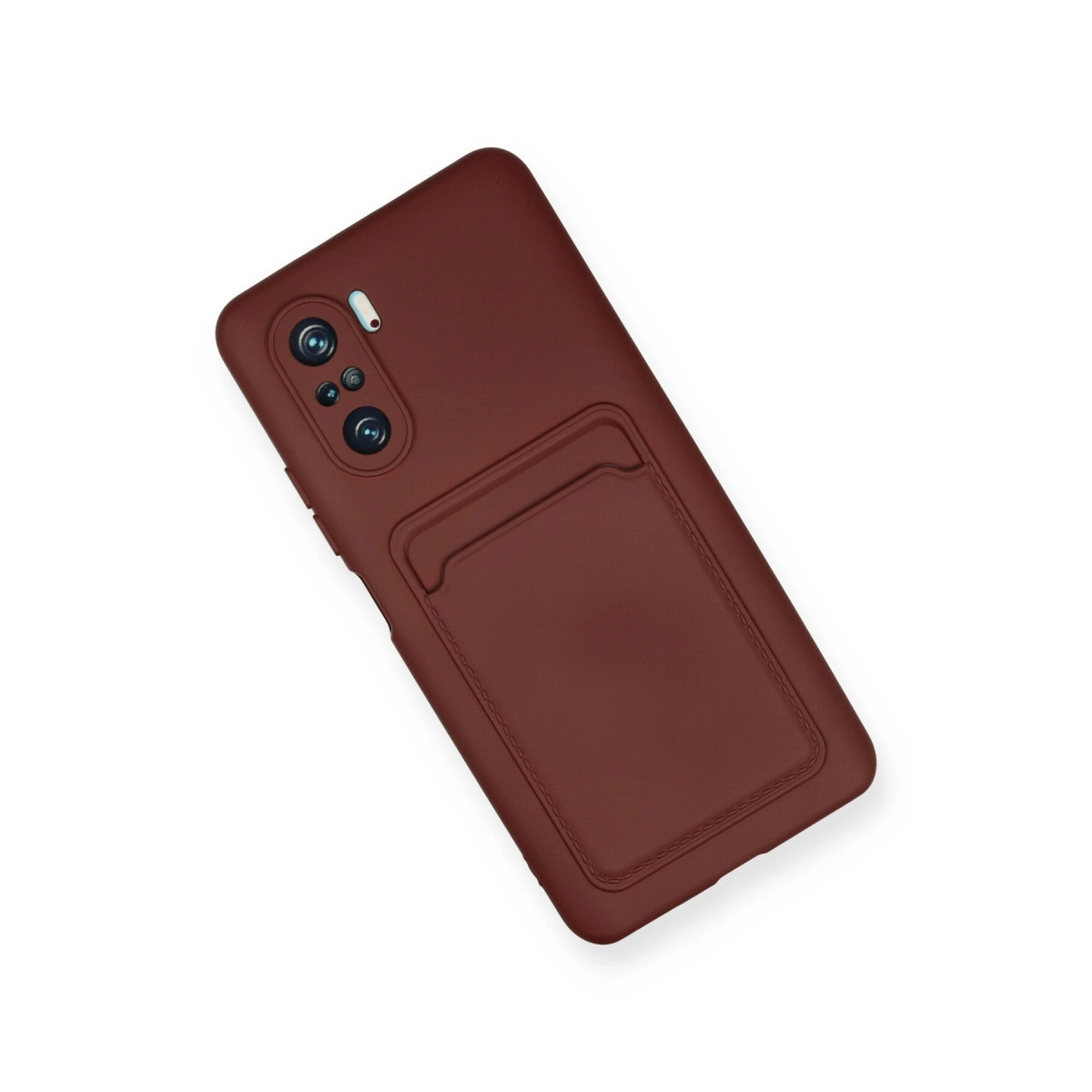 Arkada kart gözü olan koruyucu kılıf içindeki kırmızı akıllı telefon.