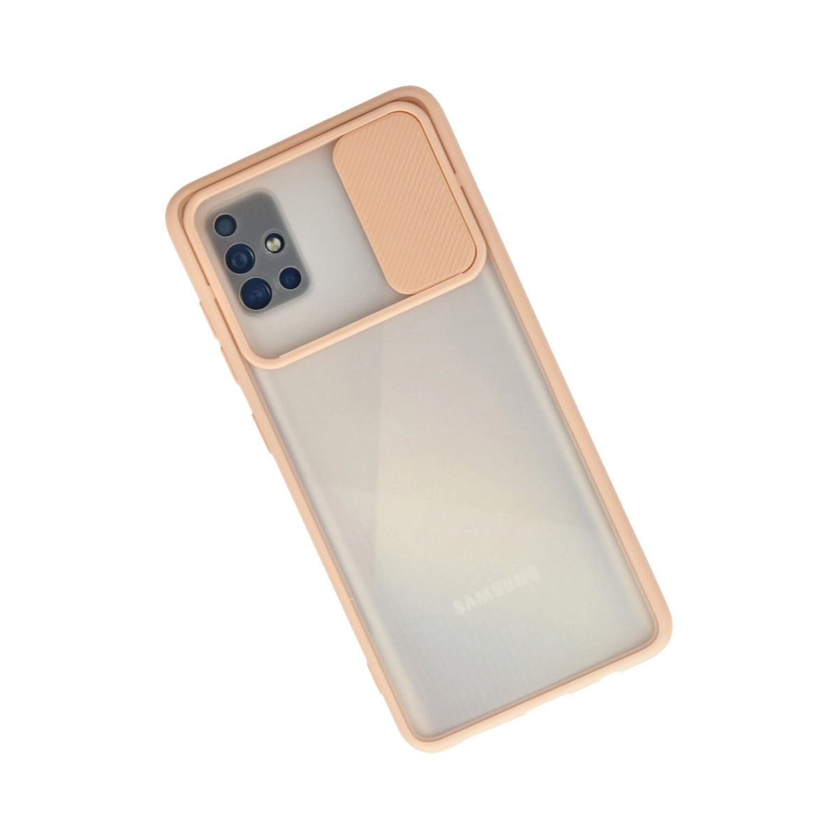 Arkasında kayar kamera kapağı bulunan pembe bir akıllı telefon kılıfı.