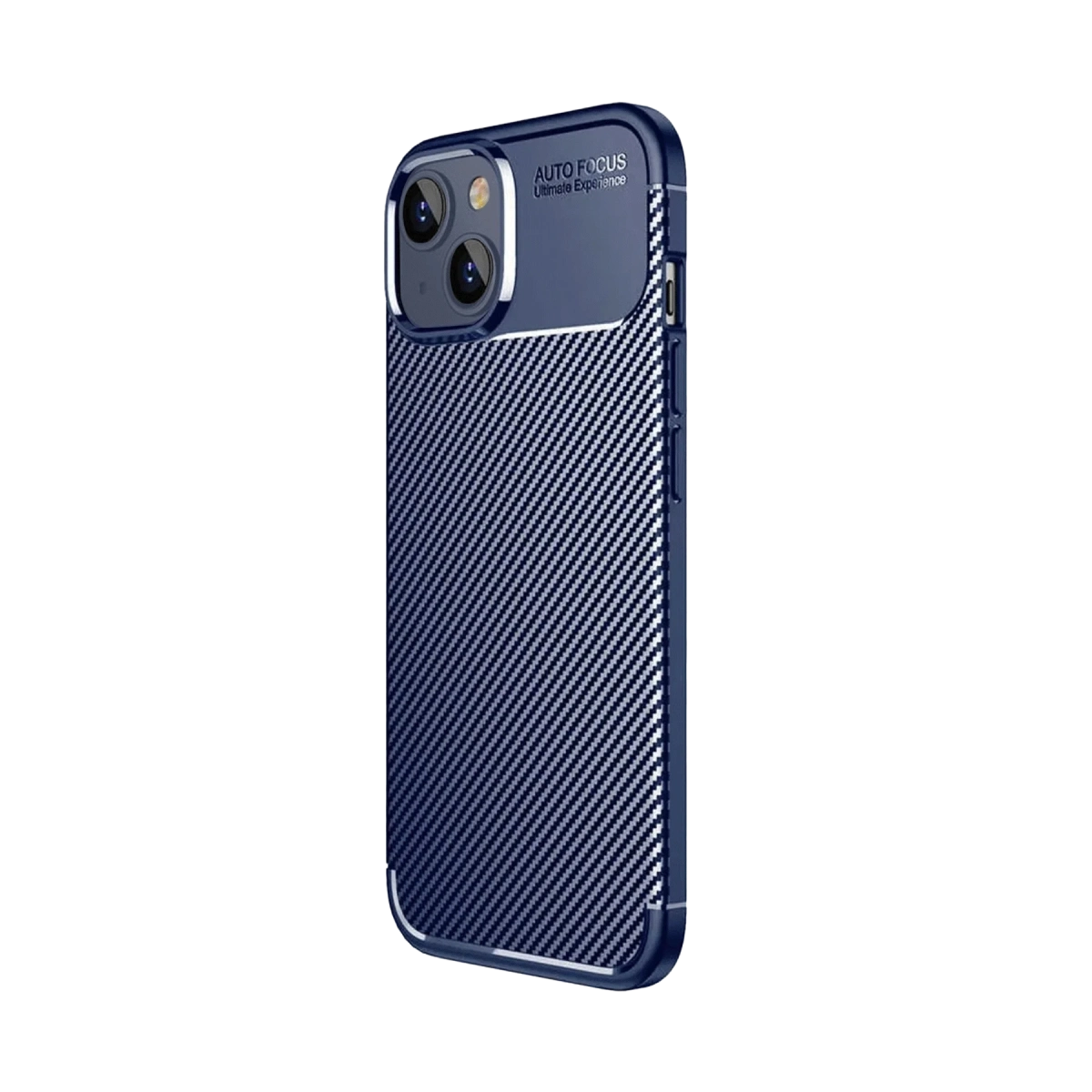 Arkasında karbon fiber desenli ve kamera boşluğu olan mavi akıllı telefon kılıfı.