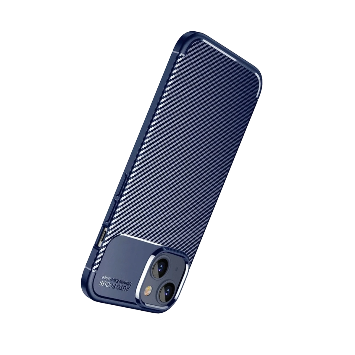 Siyah arka planda karbon fiber desenli ve kamera kesikli mavi akıllı telefon kılıfı.