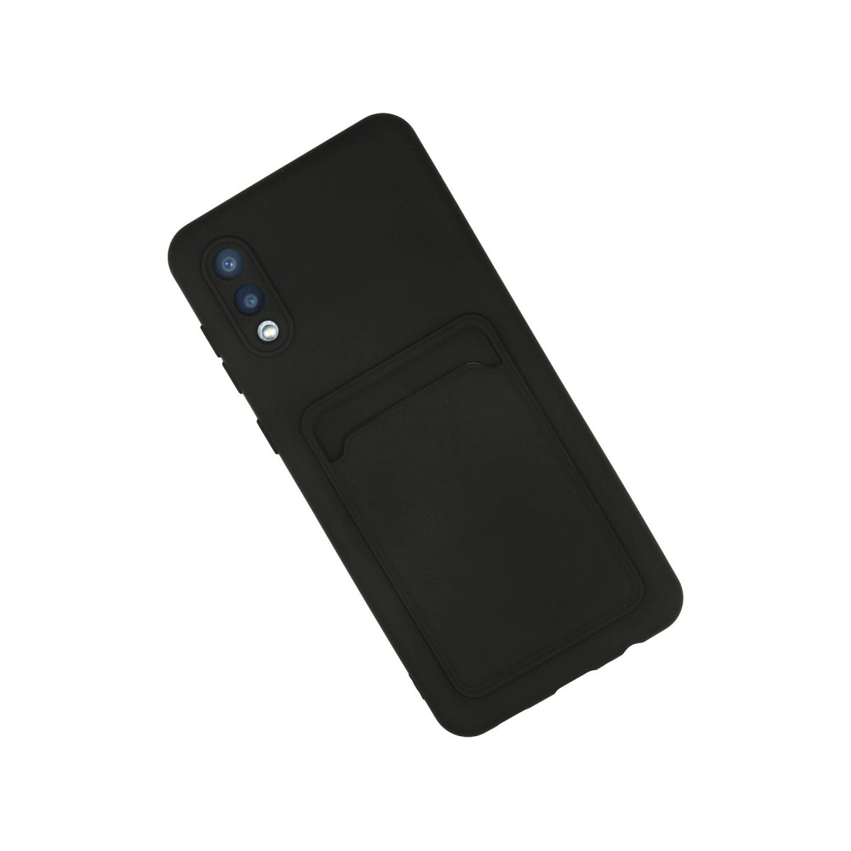 Arkada kartlık gözü olan koruyucu kılıf içindeki siyah akıllı telefon.