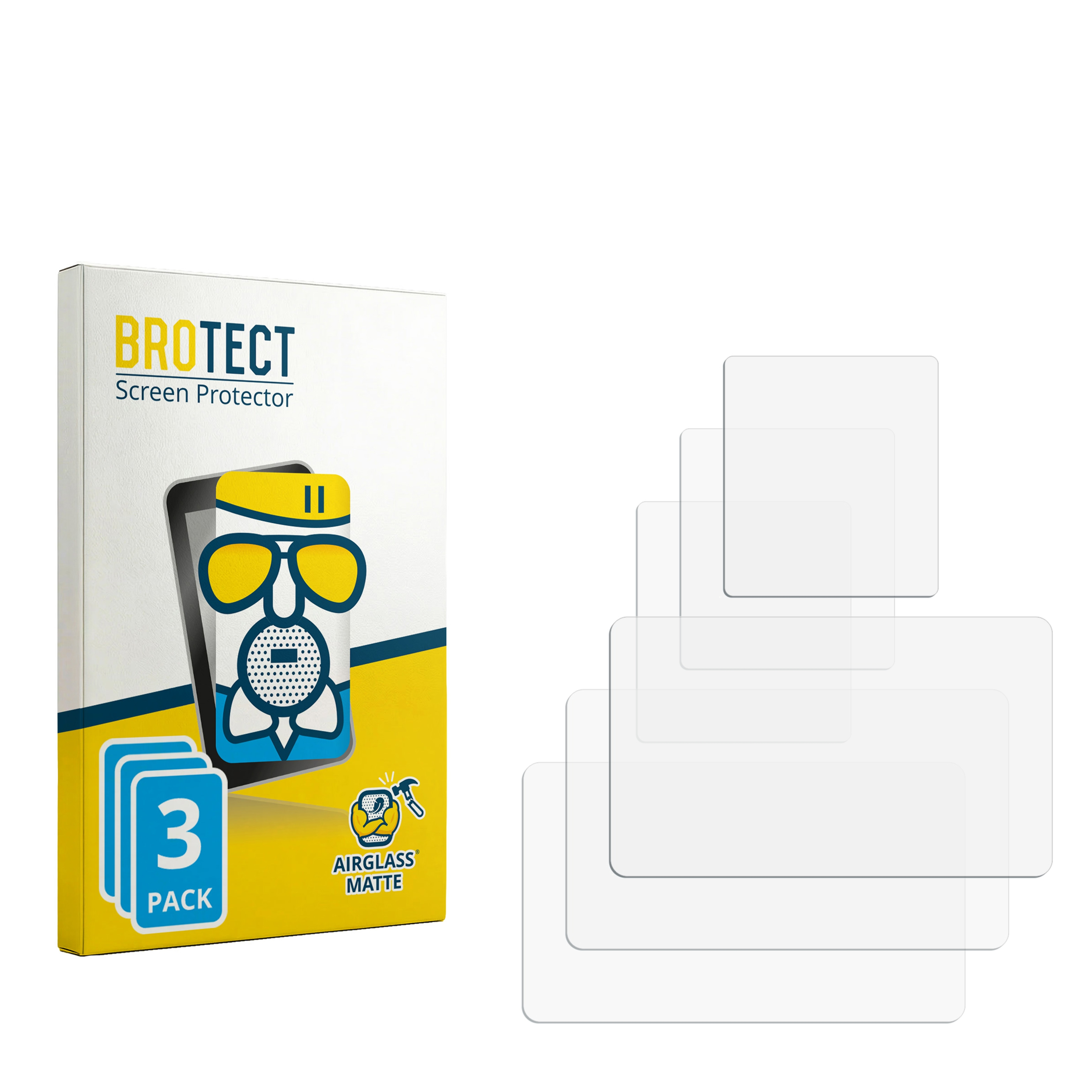 BROTECT Displayschutz-Verpackung mit einer Comicfigur neben fünf transparenten Folienstücken.