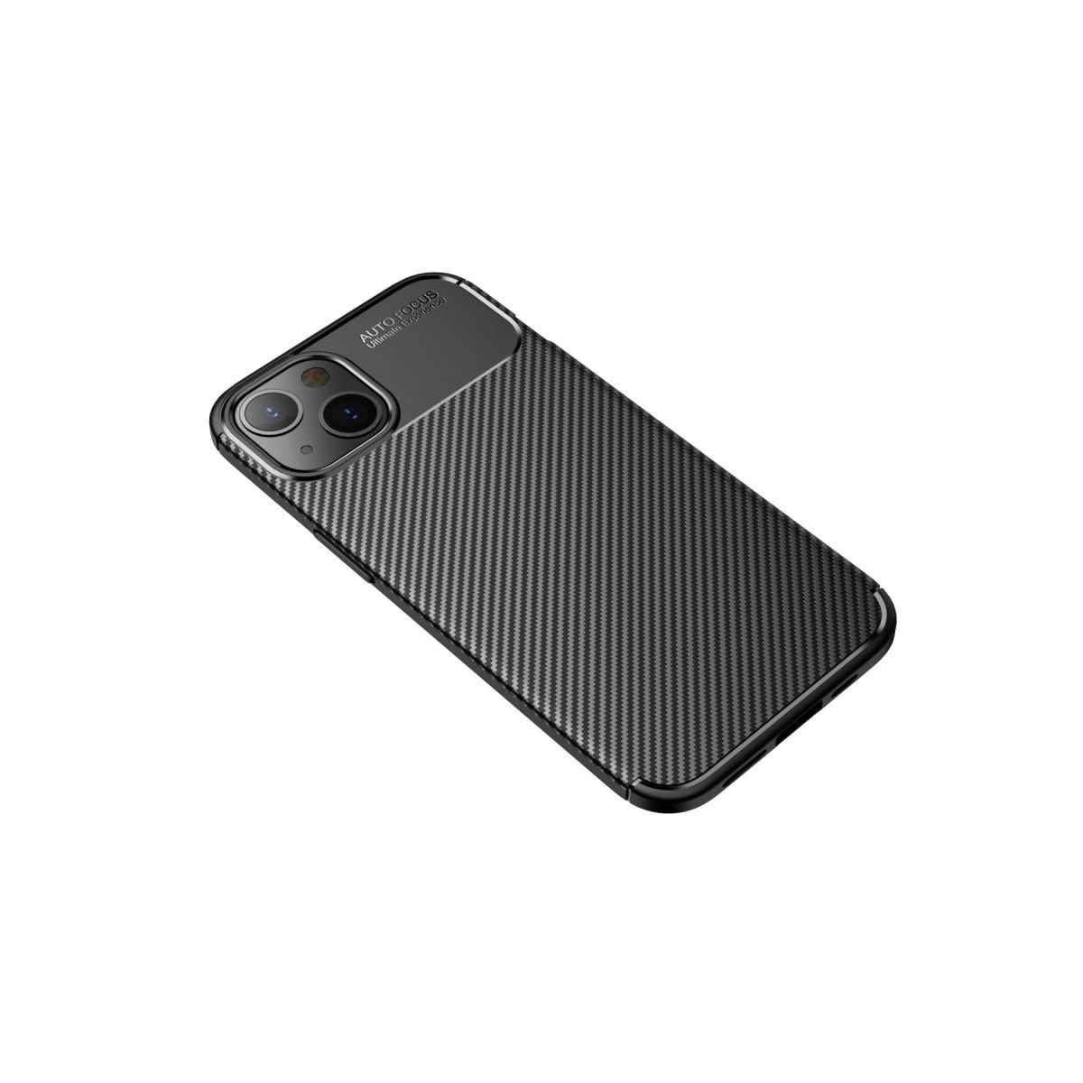 Beyaz arka planda çift arka kameralı ve karbon fiber desenli kılıfa sahip siyah bir akıll ı telefon.