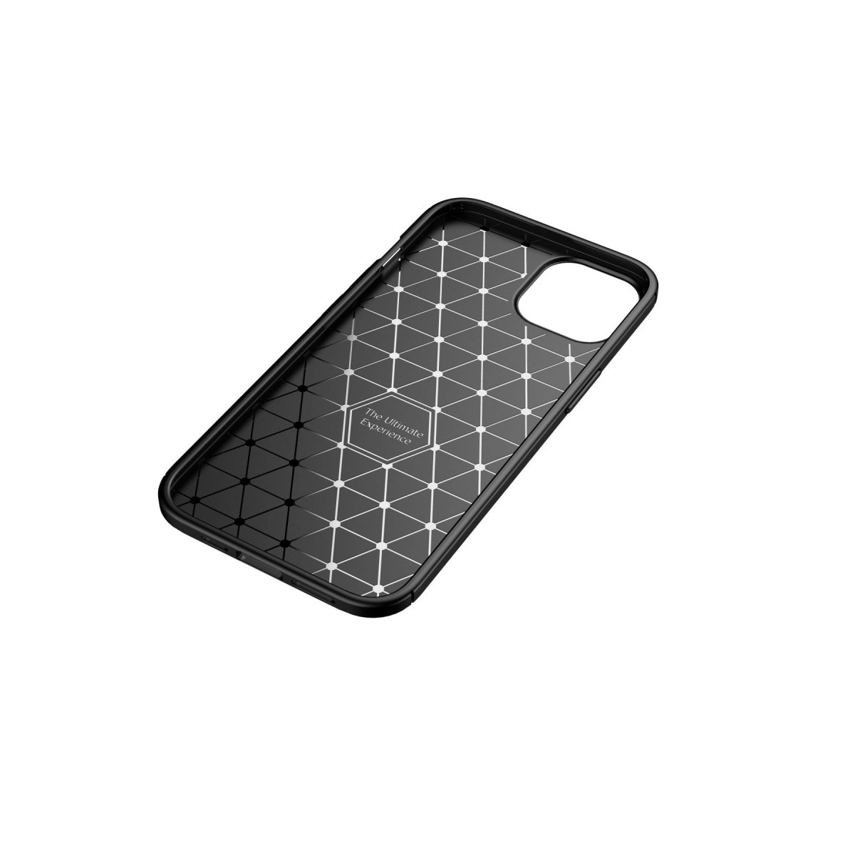 Geometrik ağ desenine ve kamera için dairesel bir kesime sahip siyah akıllı telefon kılıfı.