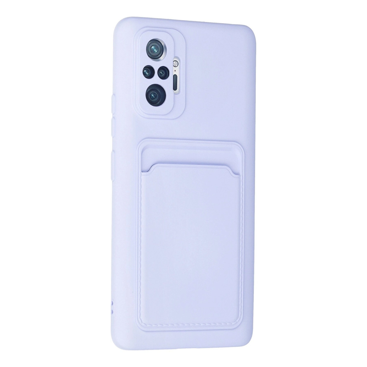 Arkada yerleşik kart tutuculu ve kamera kesikli açık mor akıllı telefon kılıfı.