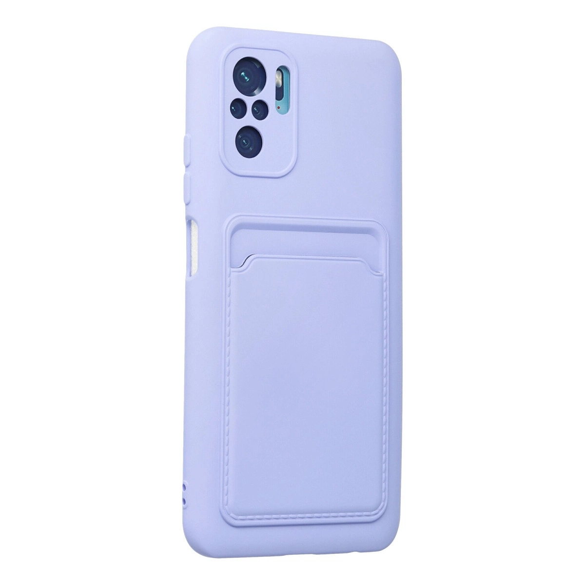 Arkada entegre kart cebi ve kamera kesikleri olan açık mor silikon akıllı telefon kılıfı.