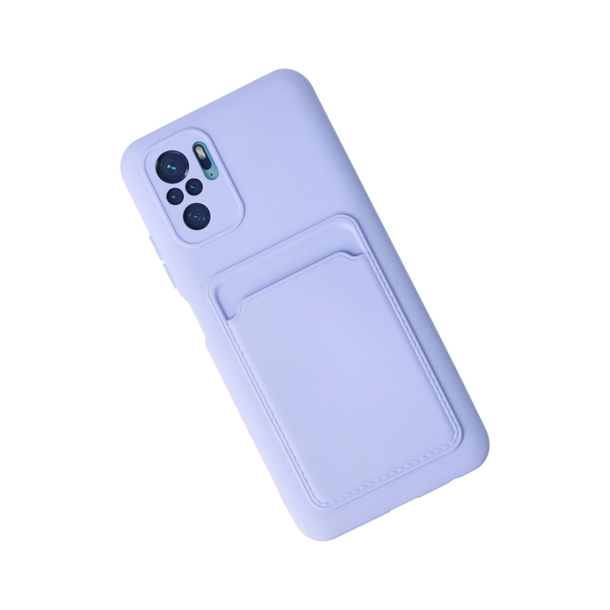 Arkasında entegre kart cebi bulunan silikon kılıflı açık mor akıllı telefon.